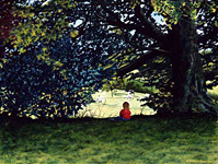 Watercolour of a young child in a field in Wales